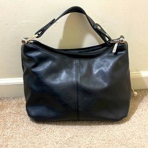 Black Faux Leather Hobo Shoulder Bag with Multiple Pockets EUC